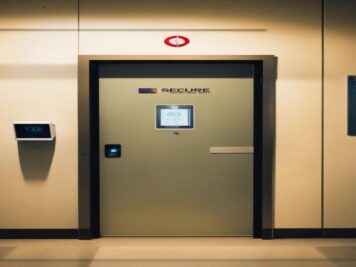 a secure door in the middle of a well-lit corridor